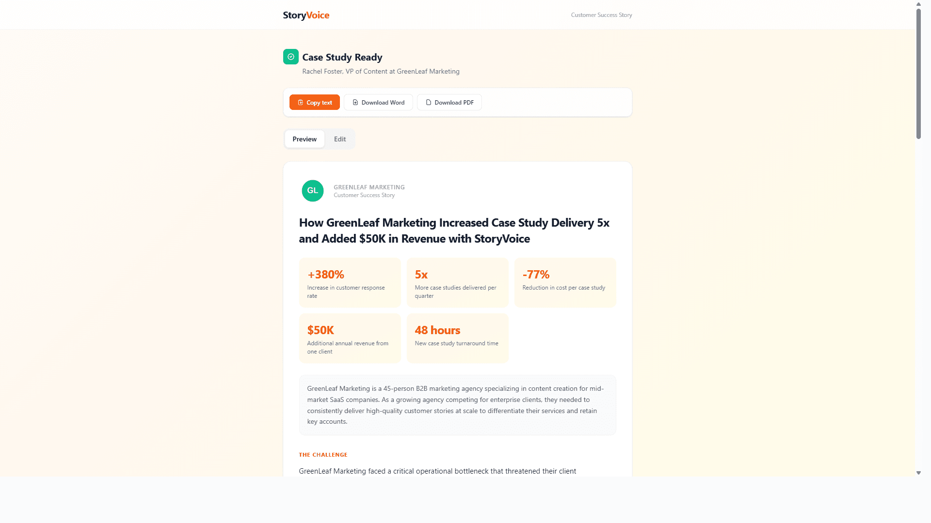 Sample StoryVoice case study output for GreenLeaf Organics with metrics and pull quote