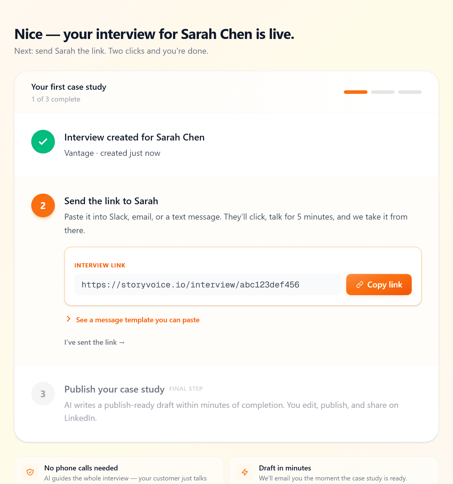 StoryVoice interview create-and-share UI showing customer fields and a copyable link