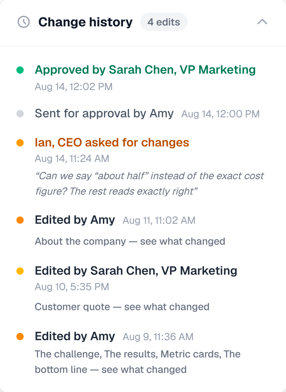 StoryVoice change history on a case study: approved by the customer's VP Marketing after the CEO asked for a change, with every edit named and timestamped
