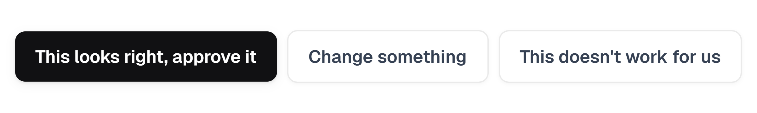The three buttons the approver sees: This looks right, approve it. Change something. This doesn't work for us.